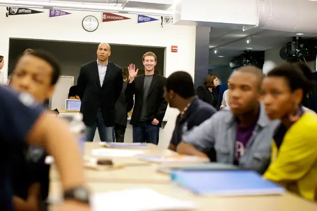 Facebook CEO Mark Zuckerberg, with Newark Mayor Cory Booker, at KIPP Newark Collegiate Academy